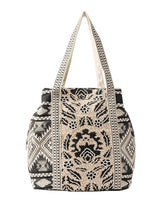 PRIMROSE Floral Pattern Canvas Tote Bag, Beige and Black, Geometric Print Straps